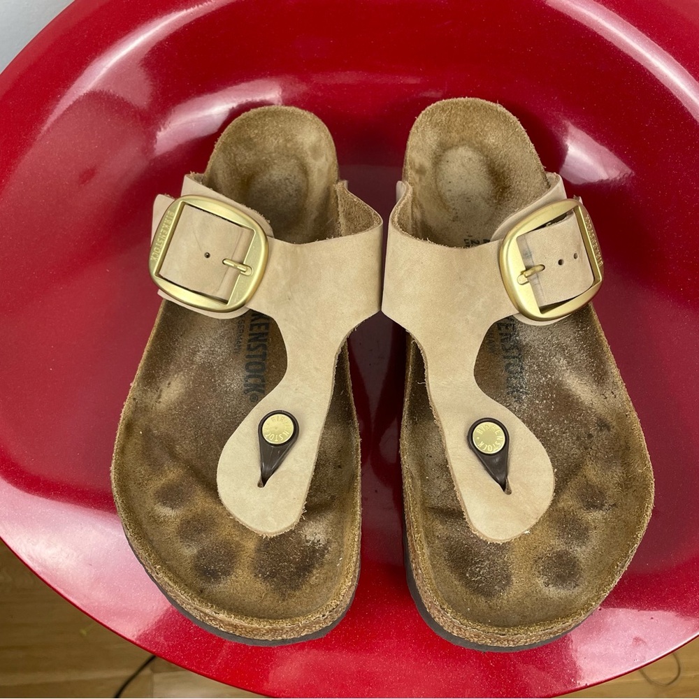 Birkenstock Sandals with Gold Buckle and Tan Straps